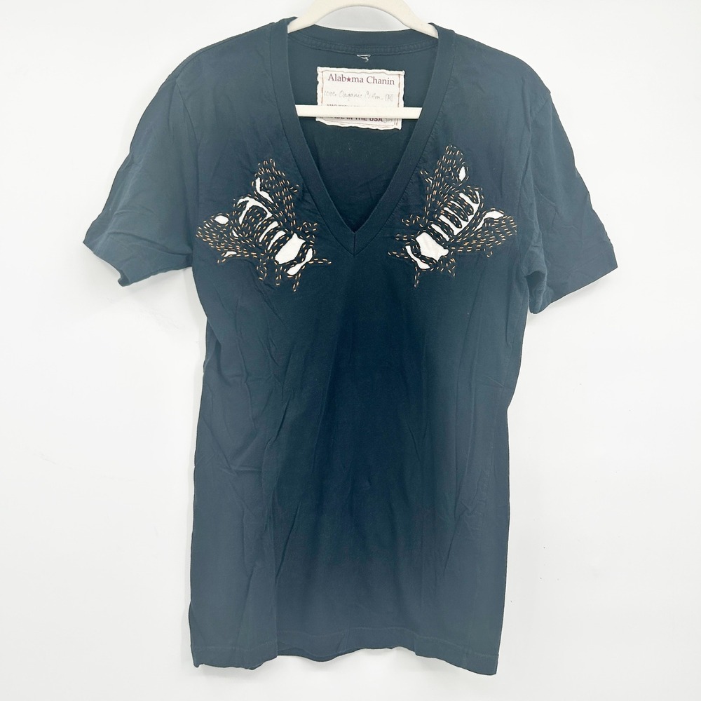 Alabama Chanin Womens Organic Cotton Hand Stitched Artisan V-Neck Tee Black M